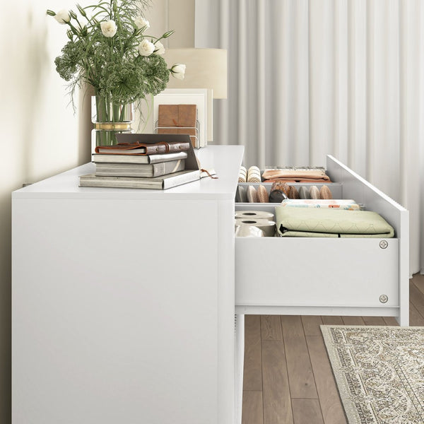 English Elm 9 Drawer Matte Wood Dresser with Wave Front Mid Century Modern Low Profile Storage White W409P387581