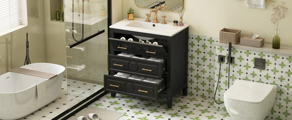 English Elm 30'' Bathroom Vanity with Ceramic Sink, Solid Wood Frame Retro Style Vanity with 3 Drawers & Gold Handles Black N710P246209B