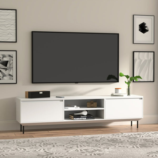 EuroStyle Saga Low Profile Media Stand Matte Lacquer Cabinet with Steel Legs Modern Living 90693WHT-KIT
