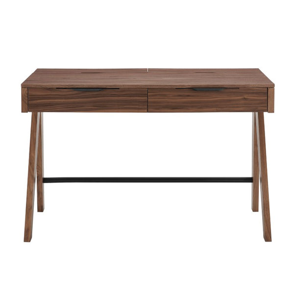 EuroStyle Milo Mid-Century Walnut Veneer Writing Desk with Drawers and Wire Management 90696-WAL