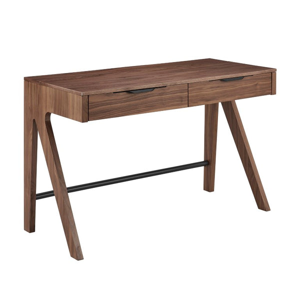 EuroStyle Milo Mid-Century Walnut Veneer Writing Desk with Drawers and Wire Management 90696-WAL