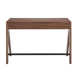 EuroStyle Milo Mid-Century Walnut Veneer Writing Desk with Drawers and Wire Management 90696-WAL