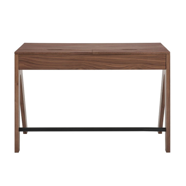 EuroStyle Milo Mid-Century Walnut Veneer Writing Desk with Drawers and Wire Management 90696-WAL