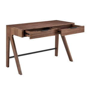 EuroStyle Milo Mid-Century Walnut Veneer Writing Desk with Drawers and Wire Management 90696-WAL