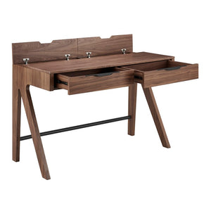 EuroStyle Milo Mid-Century Walnut Veneer Writing Desk with Drawers and Wire Management 90696-WAL