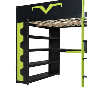 English Elm Full Size Gaming Loft Bed with Desk Rgb Lighting Power Outlet and Storage Drawer Green LT000285AAF