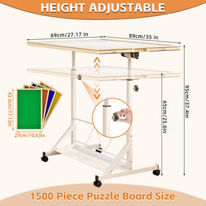 English Elm (white) Wooden Puzzle Table with Drawers Tilting Top Wheels and Protective Cover W2641P442535