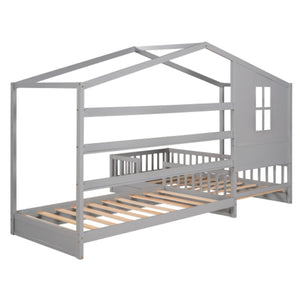 English Elm Wood House Bed L Shaped Twin Frame Solid Pine Kids Bedroom with Fence Rail Slats LP001345AAE