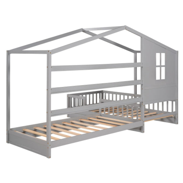 English Elm Wood House Bed L Shaped Twin Frame Solid Pine Kids Bedroom with Fence Rail Slats LP001345AAE