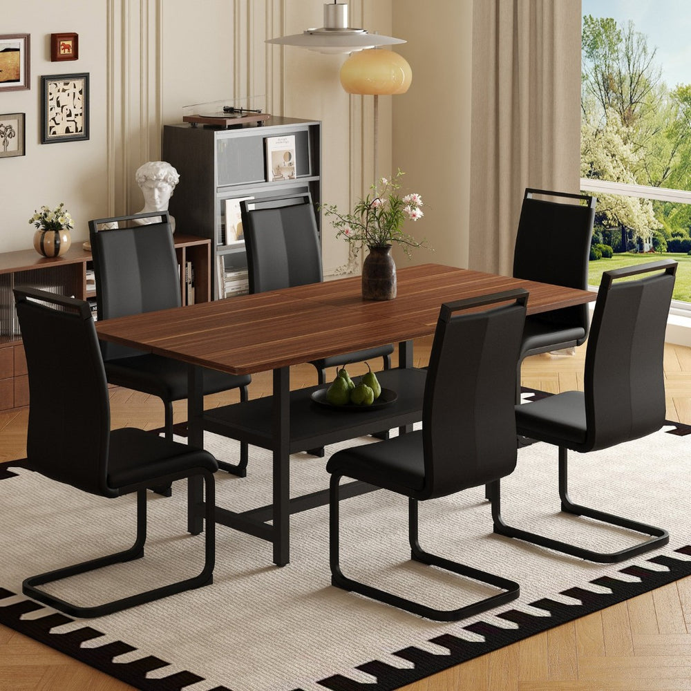 English Elm Table and Chair Set 71 Inch Walnut Grain Dining with 6 Pu Upholstered Seats Walnut+Black W1151S04278