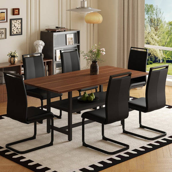 English Elm Table and Chair Set 71 Inch Walnut Grain Dining with 6 Pu Upholstered Seats Walnut+Black W1151S04278