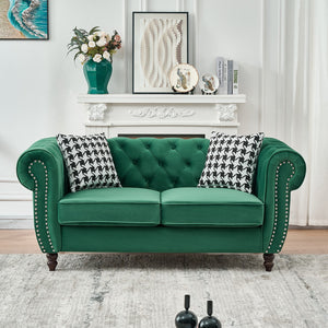 English Elm 67"Chesterfield Velvet 2-Seater Sofa with Nailhead Trim, Roll Arms, Hardwood Frame, Luxurious Comfort Green W3373S00049