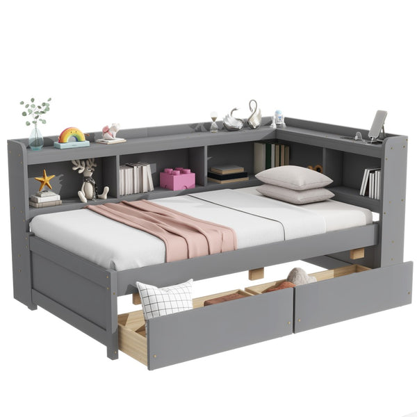 English Elm Twin Size L-Shaped Bookcase Bed With Usb Charging, Drawers, And Stylish Grey Finish For Modern Rooms W504S00218-GIGA