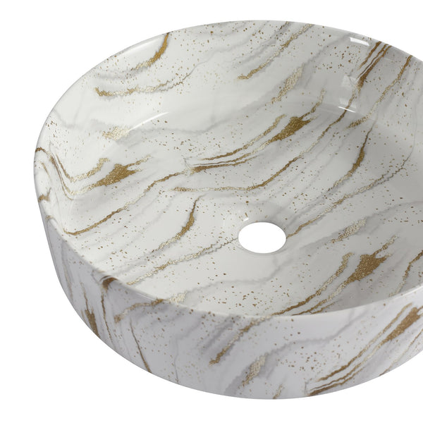 English Elm Ceramic Art Vessel Sink Above Counter – Elegant Gold Line Pattern, Durable Glaze, Easy-Clean Finish White+Gold W999P346769