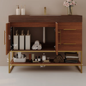 English Elm 36" Freestanding Bathroom Vanity Sintered Stone Top Integrated Basin Gold Hardware W3136S00058