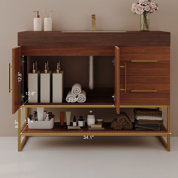 English Elm 36" Freestanding Bathroom Vanity Sintered Stone Top Integrated Basin Gold Hardware W3136S00058