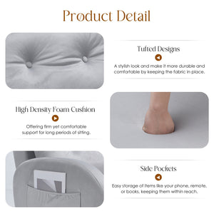 English Elm Upholstered Velvet Accent Chair and Ottoman with Storage, Tufted Design, 6-Level Adjustable Backrest Light Gray T3623P411378