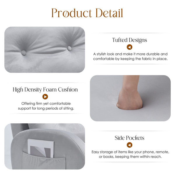 English Elm Upholstered Velvet Accent Chair and Ottoman with Storage, Tufted Design, 6-Level Adjustable Backrest Light Gray T3623P411378