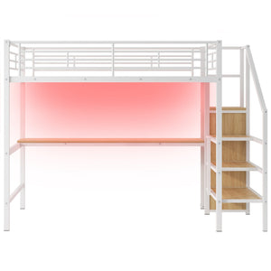 English Elm Full Size Metal Loft Bed With Desk, Storage Staircase, Wardrobe & Led Light For Small Spaces GX000620AAK-1