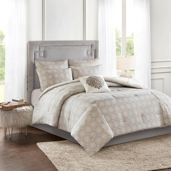 English Elm 6 Piece Madison Park Malia Embroidered Cotton Reversible Comforter Set Ivory Grey King/Cal King — Shabby Chic Elegance B035128873