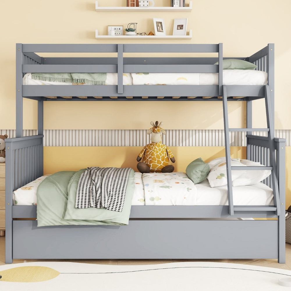 English Elm Twin Over Full Bunk Bed With Trundle, Detachable Ladder, Rustic Grey Wood, Space-Saving Design W504S00186-GIGA