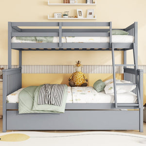 English Elm Twin Over Full Bunk Bed With Trundle, Detachable Ladder, Rustic Grey Wood, Space-Saving Design W504S00186-GIGA