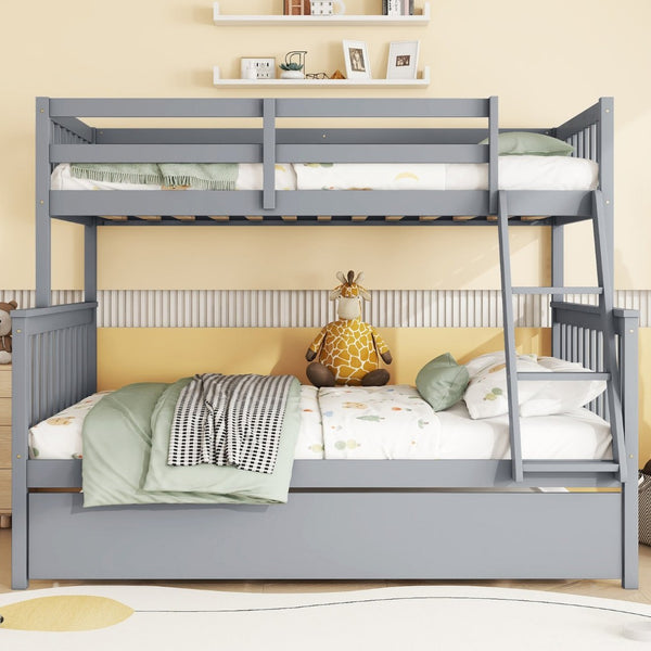 English Elm Twin Over Full Bunk Bed With Trundle, Detachable Ladder, Rustic Grey Wood, Space-Saving Design W504S00186-GIGA