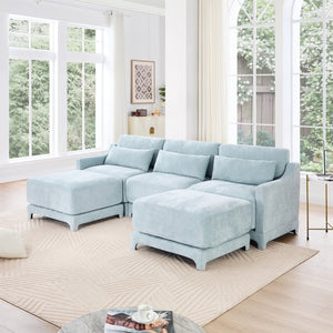 English Elm Three-Seater Sofa With Movable Ottomans & Lumbar Pillow - Elegant Sky Blue Chenille Design For Comfort W714S01208-GIGA