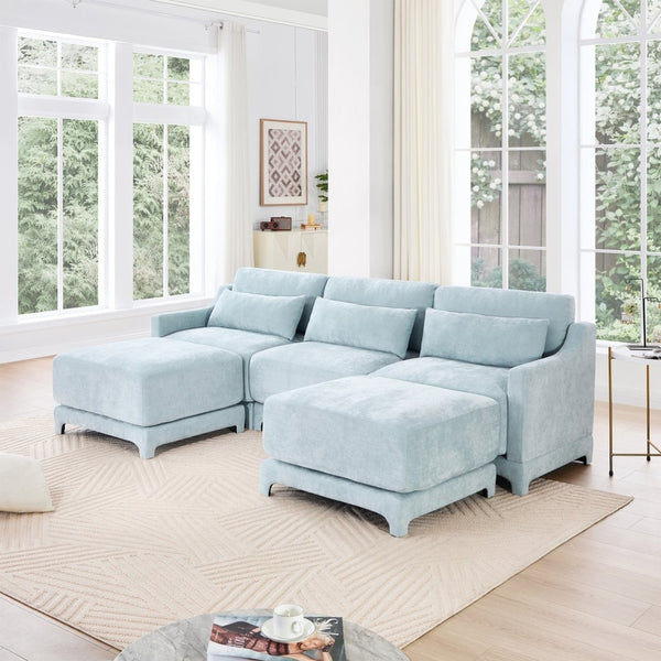 English Elm Three-Seater Sofa With Movable Ottomans & Lumbar Pillow - Elegant Sky Blue Chenille Design For Comfort W714S01208-GIGA