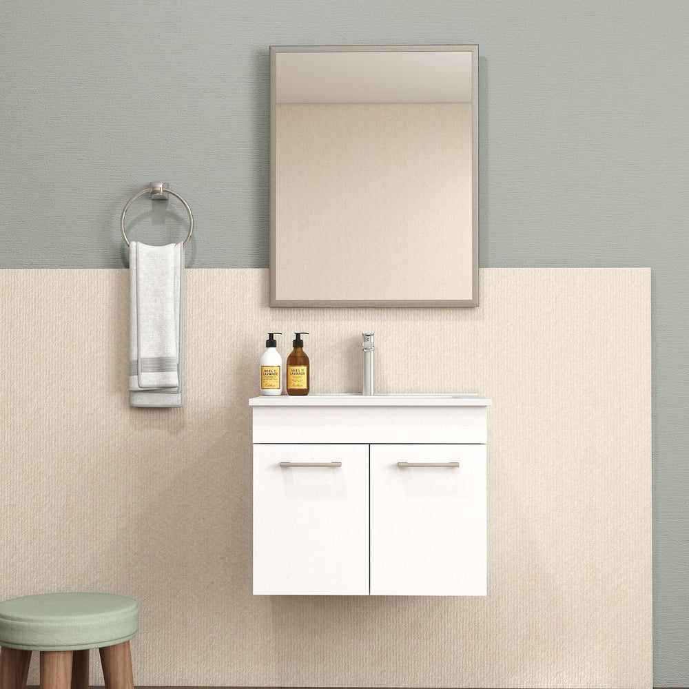 English Elm 24-Inch Wall-Mounted Bathroom Vanity With Sink, Mirror, Soft-Close Doors & Sleek Storage Solutions W3151S00025
