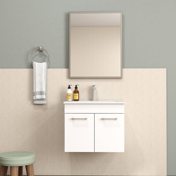 English Elm 24-Inch Wall-Mounted Bathroom Vanity With Sink, Mirror, Soft-Close Doors & Sleek Storage Solutions W3151S00025