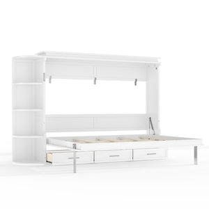 English Elm Queen Murphy Wall Bed with Side Cabinets Open Shelving and Drawers for Studio Rooms White W1580S00452
