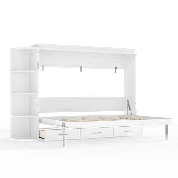 English Elm Queen Murphy Wall Bed with Side Cabinets Open Shelving and Drawers for Studio Rooms White W1580S00452