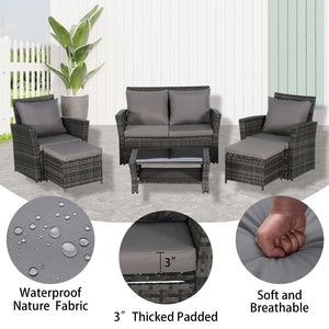 English Elm 6 Piece Outdoor Wicker Conversation Set with Tempered Glass Table and Ottomans W874P264688
