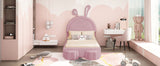 English Elm Twin Size Upholstered Rabbit-Shape Bed With 2 Storage Stools, Velvet Platform Bed With Cartoon Ears Shaped Headboard, Pink