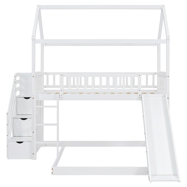 English Elm Twin Over Full Bunk Bed Playhouse Frame with Slide Staircase and Storage Drawers LT100129AAK