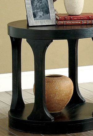 English Elm Transitional Bold Round End Table with I-Shaped Legs and Lower Shelf for Stylish Storage and Decor Antique Black 26 L x 26 W x 9 H B2741P357294