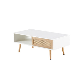 English Elm 41.34" Rattan Panel Coffee Table with Sliding Storage Door and Solid Wood Legs W1265107718