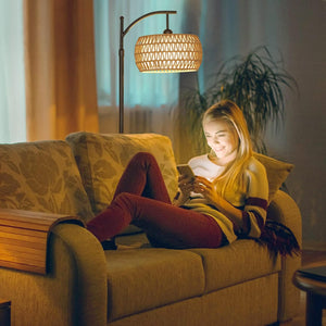 English Elm Arc Floor Lamp With Remote Control – Dimmable Led, Adjustable Height & Stylish Rattan Shade For Home W2738P185401