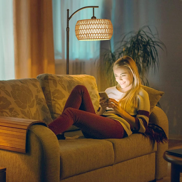 English Elm Arc Floor Lamp With Remote Control – Dimmable Led, Adjustable Height & Stylish Rattan Shade For Home W2738P185401