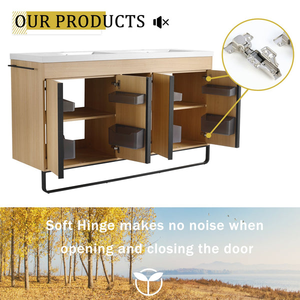 English Elm 60" Freestanding Bathroom Vanity with Dual Resin Sink, 4 Soft-Close Doors, 3 Open Shelves & Towel Hanger, Plywood Storage Boxes, Modern Durable Hardware W999S00480
