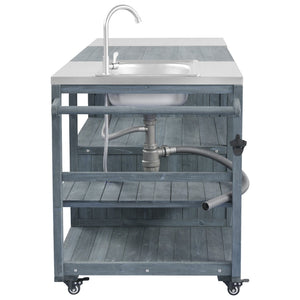 English Elm K&k Solid Fir Outdoor Kitchen Island with Sink Stainless Steel Top and Grill Cutout Grey+Blue N707S000022G