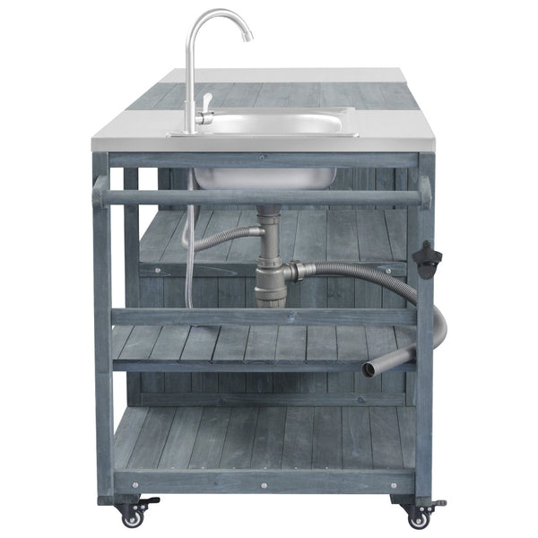 English Elm K&k Solid Fir Outdoor Kitchen Island with Sink Stainless Steel Top and Grill Cutout Grey+Blue N707S000022G