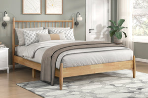 English Elm Mid-Century Queen Platform Bed with Vertical Slat Headboard, Low-Profile Wooden Frame, No Box Spring Needed Natural 60.25 L x 25 W x 6 H B011P211340