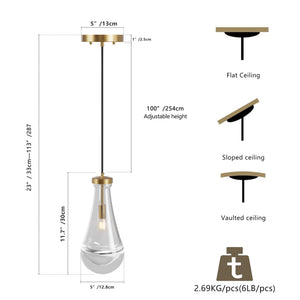 English Elm Modern Raindrop Pendant Lights Brass Rod Chandelier - Handblown Raindrop Glass, Energy-Efficient Glow, Luxury W2312P389963