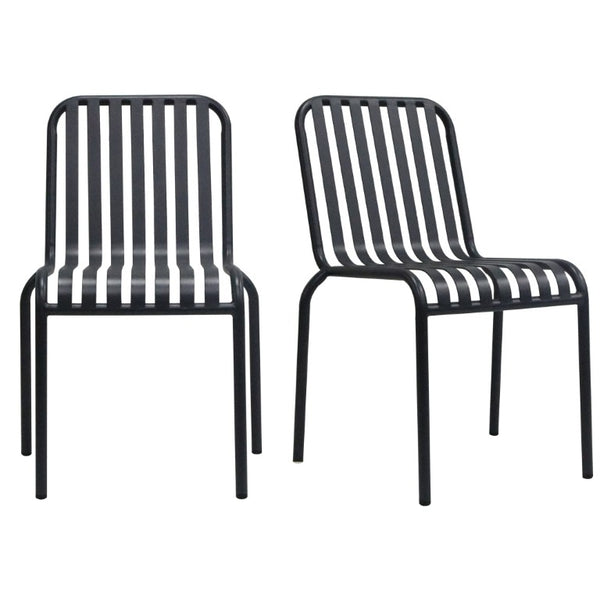 EuroStyle Enid Stackable Steel Outdoor Dining Chairs Slat Back Powder Coated Patio Set of 2 Black 90730-BLK
