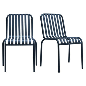 EuroStyle Enid Stackable Steel Outdoor Dining Chairs Slat Back Powder Coated Patio Set of 2 Dark Blue 90730-DKBLU