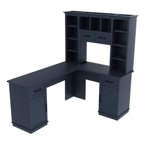 English Elm L-Shaped Corner Desk with 3 Cabinets, 2 Drawers & 11 Shelves, Built-In Power Outlet for Home Office Antique Blue W1580S00190