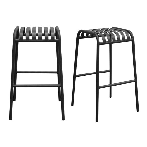 EuroStyle Enid Stackable Outdoor Bar Stools Powder Coated Steel Slat Back Patio Set of 2 Black 90732-BLK