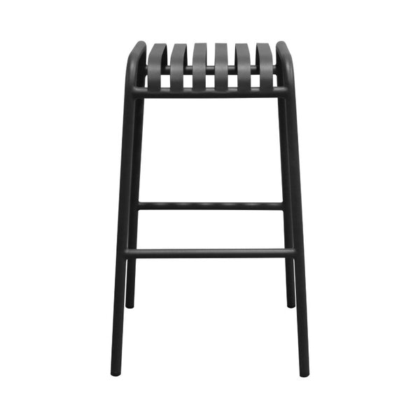 EuroStyle Enid Stackable Outdoor Bar Stools Powder Coated Steel Slat Back Patio Set of 2 Black 90732-BLK